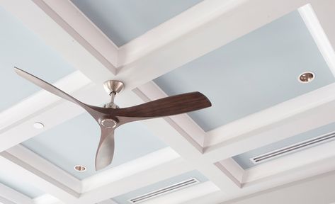 A coffered ceiling painted blue with a ceiling fan. Coffered Ceiling Paint, Painted Coffered Ceiling, Best Ceiling Paint, Coffered Ceiling Design, Ceiling Paint Colors, Yellow Ceiling, Ceiling Fan Installation, Types Of Ceilings, Ceiling Materials