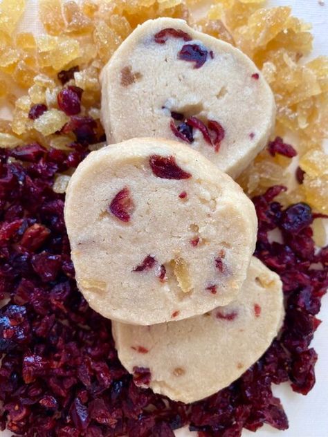 Cranberry-Ginger Shortbread — Marissa Rothkopf Bates Ginger Shortbread Cookies, Crystalized Ginger Recipe, Ginger Shortbread, Cranberry Shortbread Cookies, Christmas Cookie Swap, Crystallized Ginger, Buttery Shortbread, Tea Biscuits, Candied Ginger