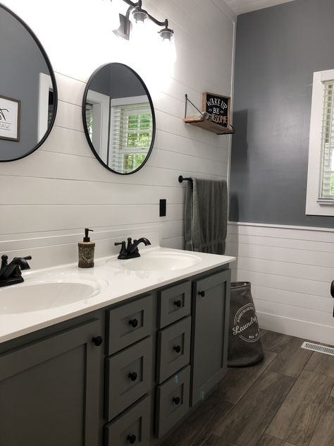 Small Bathroom Gray Vanity, Gray Bathroom Black Fixtures, Bathroom Dark Gray Vanity, Gray Shiplap Bathroom, Modern Farmhouse Bathroom Flooring, Gray Bathroom Vanity, Farmhouse Bathroom Colors Scheme, Cheap Bathroom Makeover, Grey And White Bathroom