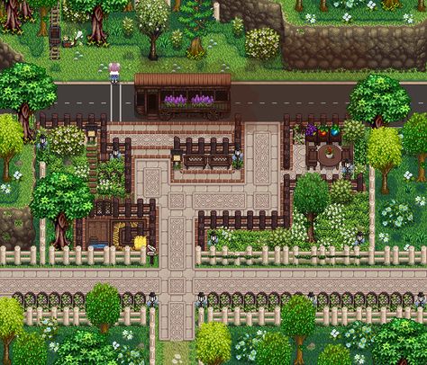 Pelican Town Decoration, Stardew Valley Fence Mod, Stardew Path Design, Stardew Path Ideas, Stardew Valley Pelican Town Decoration, Stardew Valley Bus Stop Decoration, Stardew Valley Path Ideas, Stardew Bus Stop, Stardew Bus Stop Design