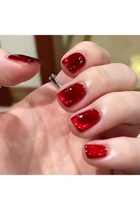 NAILKISS Blood Red&amp;Wine Red Magnetic Cat Eye Gel Polish Ruby Cat Eye Nails, Red Cats Eye Nails, Red Magnetic Nails, Red Cat Eye Nails Design, Red Cateye Nails, Res Nails, Red Cat Eye Nails, Red Jelly Nails, Cny Nails