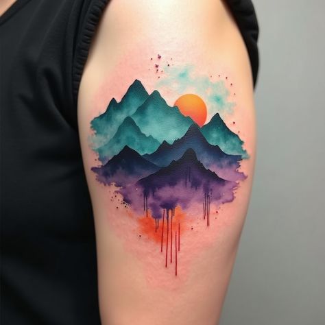 Ethereal Mountain Dreams Tattoo Colorful Sunset Tattoo, Colorado Mountain Tattoo, Colorado Mountains Tattoo, Watercolor Mountains Tattoo, Dreams Tattoo, Design A Tattoo, Watercolor Mountain Landscape, Ethereal Tattoos, Mountains Tattoo