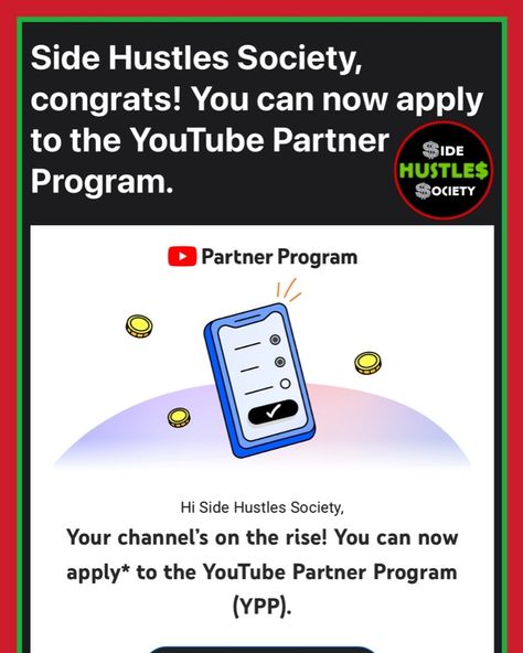 🎉 Side Hustles Society is on the rise! 🚀🎉 Excited to announce we can now apply for the YouTube Partner Program and start monetizing our content! 💸 This is a BIG step towards growing our community. 💪 Let’s make it happen, fam! https://www.youtube.com/@sidehustlessociety 🚀 #SideHustlesSociety #YouTubePartner #GrowTogether #subscribe #share #support Youtube Partner, Grow Together, Make It Happen, Side Hustles, The Rise, Side Hustle, Programming, Make It, How To Apply