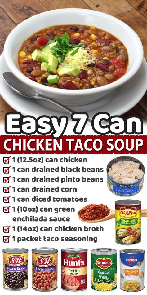 Canned Chicken Dinner Recipes, Canned Chicken Dinner, 7 Can Chicken Taco Soup, Can Chicken Recipes, Can Chicken, Taco Soup Recipe, Meals To Make, Chicken Taco Soup, Chicken Taco