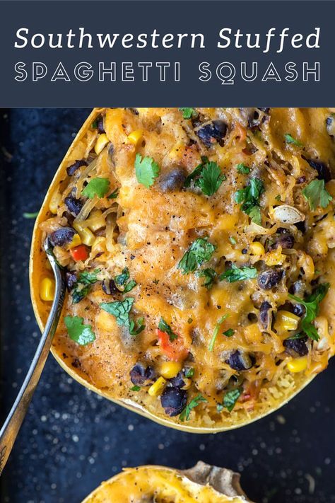 Southwestern Stuffed Spaghetti Squash Southwestern Spaghetti Squash, Corn Beans Squash Recipe, Taco Spaghetti Squash, Black Bean Spaghetti, Chicken Squash, Spaghetti Squash Recipes Healthy, Chicken Spaghetti Squash, Baked Spaghetti Squash, Southwest Chicken