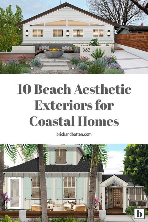 Coastal homes can be found in various areas throughout the United States, from New England to the Pacific Northwest to Florida’s Gulf Coast. Here, we’ve put together a roundup of some of our favorite coastal home designs with a beach aesthetic to inspire you. #brickandbatten #beachaesthetic #coastalhome #coastalhomes #coastalhomedesign Beach Bungalows Coastal, Beach House Exterior Colors Florida Coastal Cottage, Beach House Siding Colors, California Beach Cottage Exterior, Gray Coastal Home Exterior, Coastal Transitional Exterior, Coastal Stone House Exterior, Beach Bungalows Exterior, Coastal House Exterior One Story