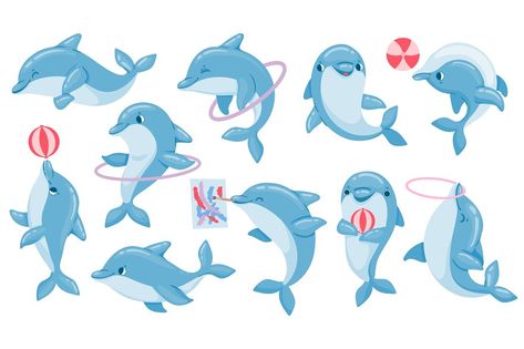 Dolphins with balls. Cute cartoon blue dolphin character play, jump through hoop and draw. Marine animal dolphinarium performance vector set. Dolphin show performance jump hoop illustration Dolphin Cartoon, Funny Dolphin, Cartoon Dolphin, Cartoon Sea Animals, Blue Dolphin, Cartoon Heart, Character Vector, Marine Animals, Art Clipart