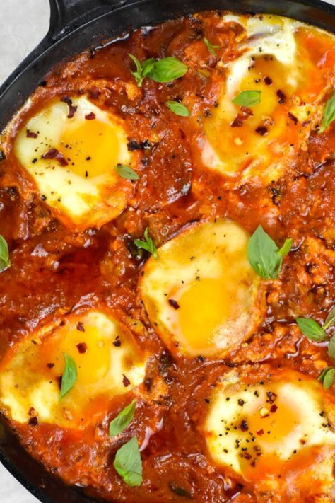 My easy Eggs in Purgatory is like a spicy Italian version of Shakshuka, and gets a flavor boost from hearty sausage. Eggs In Purgatory Recipe, Easy Shakshuka Recipe, Easy Shakshuka, Breakfast Ideas Healthy Clean Eating, Eggs In Purgatory, Shakshuka Recipe, Great Breakfast Ideas, Shakshuka Recipes, Sausage Dishes