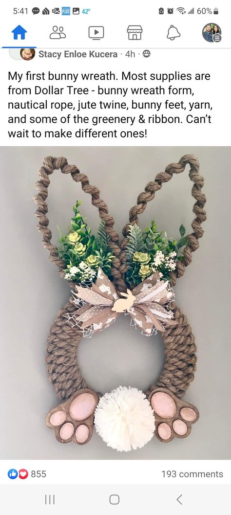 Easter Diy Decorations Home Decor, Easter Bunny Wreath Diy, Bunny Wreath Diy, Easter Decoration Ideas, Easter Crafts Dollar Store, Dollar Tree Easter Crafts, Creative Easter Baskets, Easter Craft Projects, Diy Floral Wreath