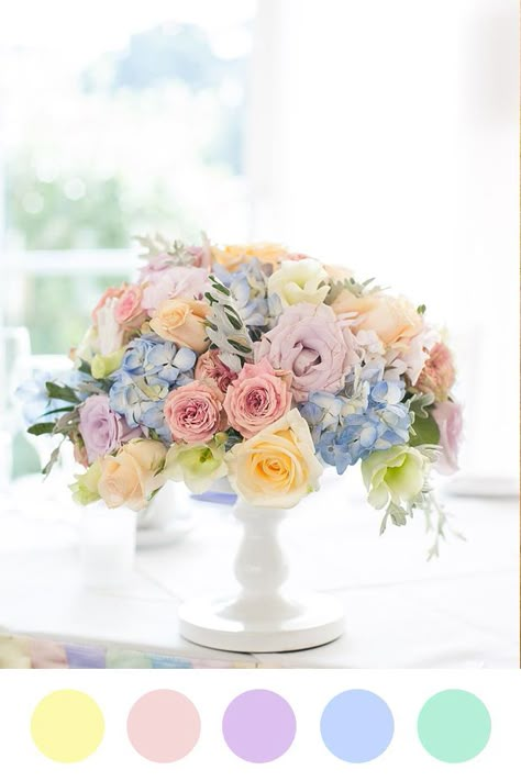 Colorful Pastel Flowers, Pastel Colors Centerpieces, Colorful Pastel Wedding Palette, Pastel Rainbow Flowers, Pastel Flower Party Theme, Pastel Rainbow Flower Arrangements, Elegant Pastel Wedding, Wedding Decor Pastel Colors, Pastel Color Flower Arrangements