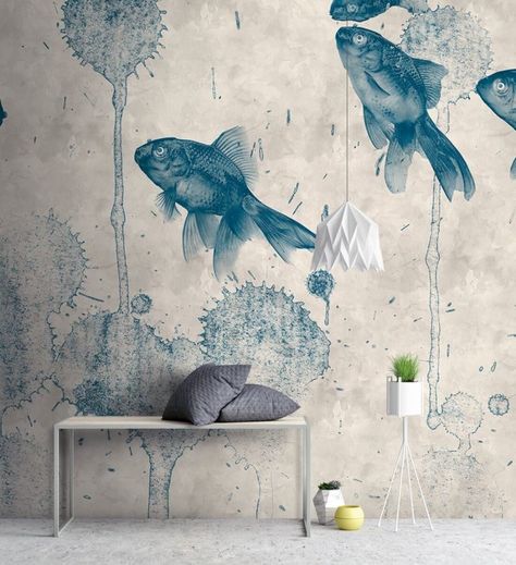 Fish Wall Mural, Fish Mural, Mother Earth Art, Interior Murals, Living Room Murals, Animal Illustration Art, Big Wall Art, Fish Wall Art, Art Deco Wallpaper