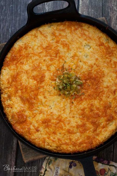 Cheesy Green Chile Cornbread baked in a hot cast iron skillet. Green Chili Cheese Corn Spoon Bread, Cornbread With Green Chilis, Fall Cornbread, Hatch Recipes, Chile Cornbread, Green Chili Cornbread, Green Chile Cornbread, Hatch Chilies, Mexican Cheese Blend