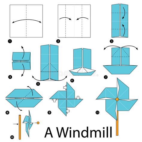 Step by step instructions how to make origami A Windmill. stock illustration Origami Illustration, Paper Windmill, Origami For Kids, Origami Tutorial Easy, Origami Boat, Origami Patterns, Cute Paper, How To Make Origami, Christmas Origami