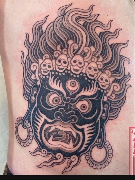 Dark Tattoos For Men, Buddhism Tattoo, Japanese Demon Tattoo, Tibetan Tattoo, Strong Tattoos, Buddhist Tattoo, Demon Tattoo, Irezumi Tattoos, Traditional Tattoo Design