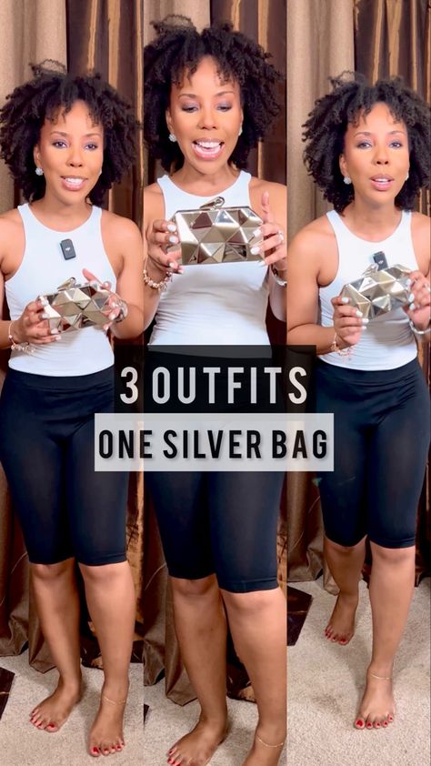 This silver bag / clutch is so cute and frankly goes with everything. 👇🏾👇🏾Click the link to see 3 different outfits you can style to go with a mirrored mettailic silver bag. From casual outfits, to a date ight outfit to a black tie affair. Metallic Purse Outfit, Silver Bag Outfit Metallic, Gold Clutch Outfit, Silver Purse Outfit, Silver Shoes Outfit, Clutch Outfit, Crossbody Bag Outfit, Purse Outfit, Silver Outfits