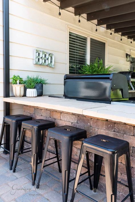 Backyard Bbq Area On A Budget, Outdoor Kitchen Traeger, Built In Traeger, Small Outdoor Grill Area, Smoker Station, Smoker Outdoor Kitchen, Built In Bbq Ideas, Patio Grill Area, Outdoor Kitchen Diy On A Budget