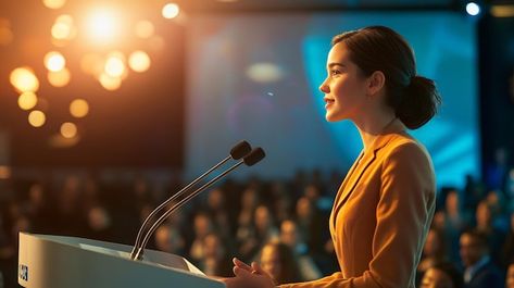 Speaker On Stage, Female Speaker, Giving Speech, Business Conference, Free Business Card Mockup, Business Card Maker, Flyer Maker, Poster Maker, Video Background