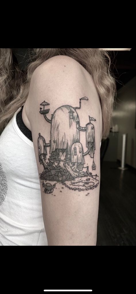 Super sick Adventure Time tree fort tattoo I got last summer on Pendleton Ward’s birthday! Obsessed with the details! My dream tattoo🥺🌿🤎 Adventure time tattoos adventure time tattoo inspo fairycore tattoo Adventure Time Tattoo, Funky Tattoos, Skin Drawing, Cute Little Tattoos, Home Tattoo, Cartoon Tattoos, Time Tattoos, Dream Tattoos, Little Tattoos