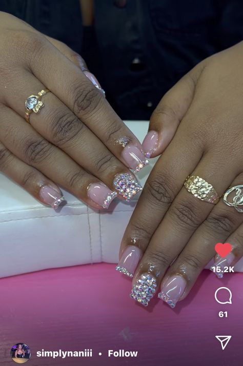 Natural Nails With Bling, Cute Simple Nails With Gems, Gemstone French Tip Nails, Short Nail Designs With Gems, Diamond Tip Nails, Rhinestone Short Nails, Nail Bling Designs Rhinestones, Short Acrylic Nails With Rhinestones, Short Acrylic Nails With Charms