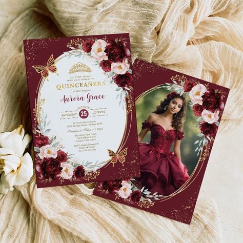 $2.09 | Burgundy Gold Quinceañera Flowers Butterfly Photo - 15th birthday party, quinceañera, mexican latina mis quince anos, elegant floral roses garden flowers, crown princess tiara, girly chic classy trendy modern, burgundy blush gold, moody dark red butterflies, mis quince 15 anos, sweet sixteen 16 photo Burgundy Quinceanera Theme, Quinceanera Flowers, Red Quinceanera Ideas, Burgundy Quinceanera Dresses, Quince Themes, Burgundy Invitations, Quinceanera Pink, Red Quince, Butterfly Photo