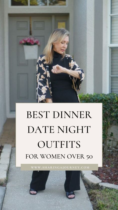 Looking for dinner date night outfit ideas for older women? Then head over to my blog for chic date night outfit ideas for women over 50 that will make a good impression. Dressing For Dinner Outfit, Outfit Ideas For Casual Dinner, 40s Night Out Outfit, Date Night Casual Outfits For Women, Dinner Outfits For Women Over 50, Date Night Outfit Winter Casual Over 50, Dinner Out With Friends Outfit, Outfit For Dinner With Family Night, Dinner With Girls Outfit