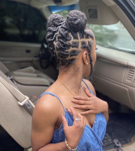 Short Locs Hairstyles Two Buns, Half Up Half Down Dreads Hairstyles, Loc Styles For The Gym, Loc Buns For Women, Loc Hairstyles For The Beach, Vacation Styles For Locs, Updo Hairstyles With Locs, Two Loc Buns, Loc Styles Two Buns