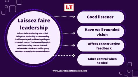 Laissez-faire leadership, also known as the “hands-free approach,” is a leadership style that emphasizes autonomy and minimal administrative intervention. With this approach, leaders give team members the freedom to make decisions, set their own goals, and determine the best course of action to achieve them. Laissez Faire Leadership, Management Illustration, Leadership Examples, Leadership Training, Good Listener, Entrepreneur Motivation, Pros And Cons, Motivation Inspiration, Leadership