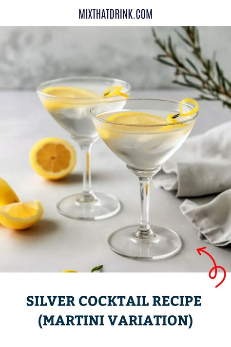 The Silver Cocktail mixes gin, dry vermouth and maraschino liqueur with a touch of sweetness and bitters. Think martini with cherry-almond flavor. Lemon Peel Garnish, Maraschino Liqueur, Cocktail Party Drinks, Orange Bitters, Gin Recipes, Classic Martini, Classic Cocktail Recipes, Gin Drinks, Dry Vermouth