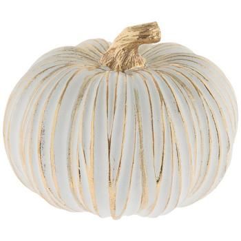 Dimensions: 6" H x 7.5" W x 7.5" D Material: Resin Color: White & Gold Pattern: Stripes Quantity: 1 Add a touch of class to your fall decor with this elegant White & Gold Striped Pumpkin. This eye-catching resin pumpkin features a traditional pumpkin shape with ribs and a white base color. Its surface is covered in raised, uneven vertical stripes that are painted a metallic gold color. The twisted stem on its top is also a metallic gold. Bring this gorgeous piece out every year to celebrate fall Funky Pumpkins, Halloween Bbq, Glam Fall Decor, Decorating Pumpkins, Pumpkin Painting Party, Shabby Chic Pumpkins, Resin Pumpkin, Pumpkins Diy, White And Gold Decor