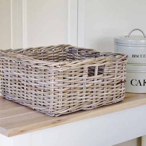 Grey Rattan Storage Basket Wicker Storage Baskets, Wicker Storage Boxes, Rattan Shelf, Natural Shelves, Kitchen Basket Storage, White Basket, Square Kitchen, Seagrass Storage Baskets, Rattan Storage