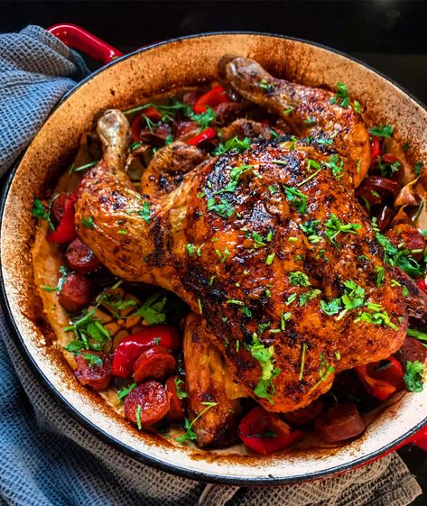 Spanish Roast chicken + chorizo – hungry healthy family Spanish Roasted Chicken, Spanish Whole Chicken Recipes, Mediterranean Roast Chicken, Spanish Baked Chicken, Spanish Dinner Recipes, Chicken Chorizo Recipe, Spanish Chicken And Chorizo, Basque Food, Waitrose Food