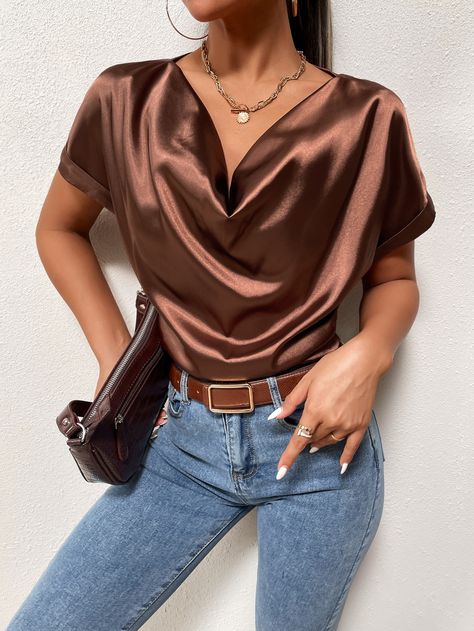 Brown Casual  Short Sleeve Satin Plain Top Embellished Non-Stretch Summer Women Tops, Blouses & Tee Satin Top Outfit Classy, Sew Blouse, Satin Top Outfit, Chemise Satin, Satin Outfits, Classic Clothes, Draped Collar, 2piece Outfits, Satin Bluse