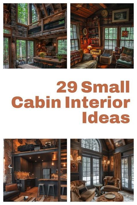 This style marries traditional country aesthetics with modern design elements to create a clean, updated look that remains warm and inviting. Ideal for small cabins looking for a contemporary yet cozy feel. Click or tap to see more contemporary country interiors. Cozy Cabin Interior Design, Small Cabin Interior Ideas, Cabins In The Woods Interior, Cabin Interiors Rustic, Cozy Cabin Living Room, Mountain Cabin Interior, Tiny Cabin Decor, Small Rustic Cabin, Tiny Cabins Interiors