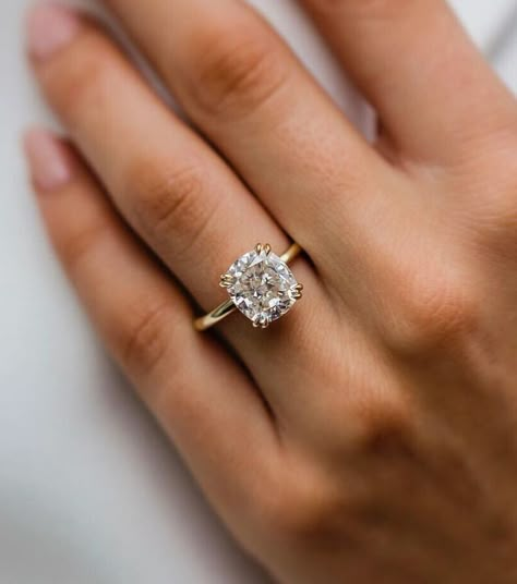 Hidden Pave Ring, Square Round Ring, Cushion Engagement Ring With Gold Band, Engagement Rings With Crystals, Gold Band Cushion Engagement Ring, 3 Ct Solitaire Engagement Ring, Classy Engagement Ring Square, Cushion Engagement Ring Thick Band, 2 Carat Elongated Cushion Cut