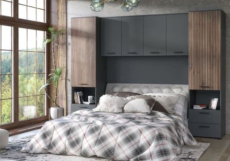 Beds With Wardrobes Either Side, Bed Wall Storage Ideas, Around The Bed Storage, Over The Bed Wardrobes, Cupboards Above Bed, Bed With Wardrobes Either Side, Grey And Wood Bedroom, Overhead Storage Bedroom, Grey And Wood Bedroom Ideas