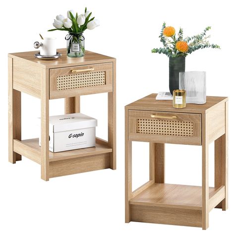 PRICES MAY VARY. Combination of Classic and Modern - Match your decor to this retro-style nightstand that brings a natural beauty to your interior space. The rattan-decorated drawer combines aesthetic beauty with great practicality. It adopts natural rattan with handmade weaving technology, the natural rattan not only has the effect of absorbing moisture and heat but also delivers a perfect visual effect, adding charming to your home. Large Storage Space - The end table is small but offers plent Table Night Stands, Shelf Bed, Rattan Nightstand, Rattan Decor, Bed Side Tables, Small Nightstand, Nightstand Set Of 2, Nightstand Decor, Style Nightstand