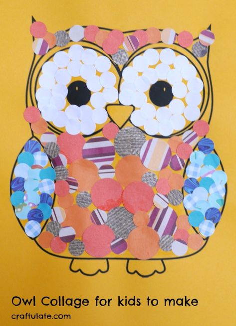 Owl Collage - a fun art project for kids to make with circle paper punches! Collage For Kids, Bird Crafts Preschool, Owl Collage, Adaptive Art, Work Planning, Kids Collage, Art Docent, Circle Paper, Animal Art Projects