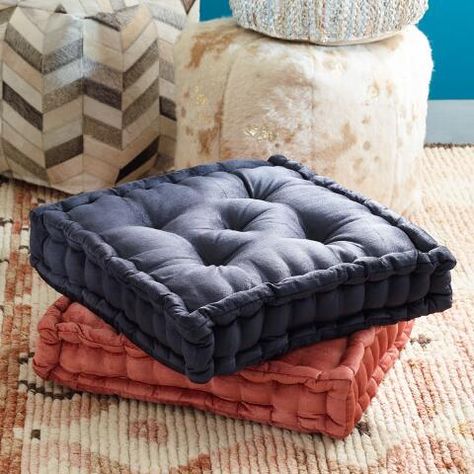 Dark Charcoal Velvet Tufted Floor Cushion | World Market French Mattress, Seat Pillow, Square Floor Pillows, Square Pouf, Chair Seat Cushion, Floor Seating, Tufted Cushion, White Floors, Grey Cushions