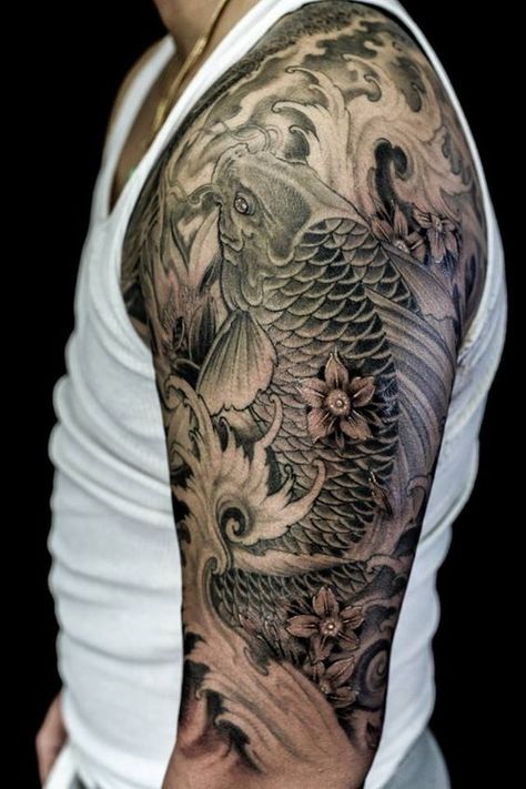 The koi fish has a rich history embedded in the Japanese and Chinese cultures. The fish often comes in bright colours with majestic designs that have become a favourite among tattoo enthusiasts. Most men get… Pez Koi Tattoo, Coy Fish Tattoos, Geisha Tattoos, Karp Koi, Carp Tattoo, Japanese Koi Fish Tattoo, Koi Tattoo Sleeve, Tato Ikan Koi, Tato Tradisional