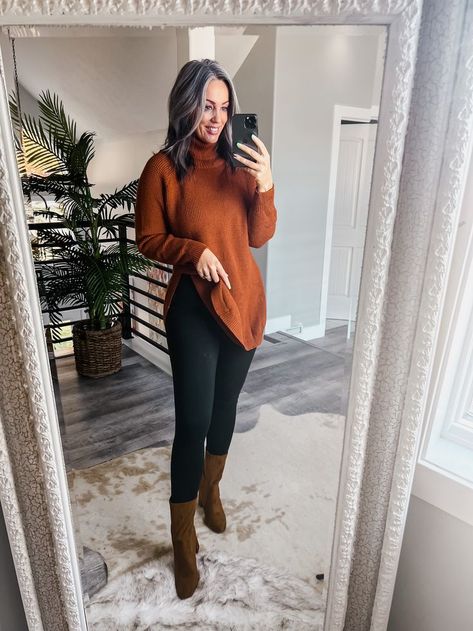 Cute Church Outfits For Winter, Rust Sweater Dress, Orange Sweater Outfit, Rust Orange Dress, Sweater Dress Leggings, Cute Church Outfits, Orange Sweater Dress, Dress And Leggings, Rust Sweater