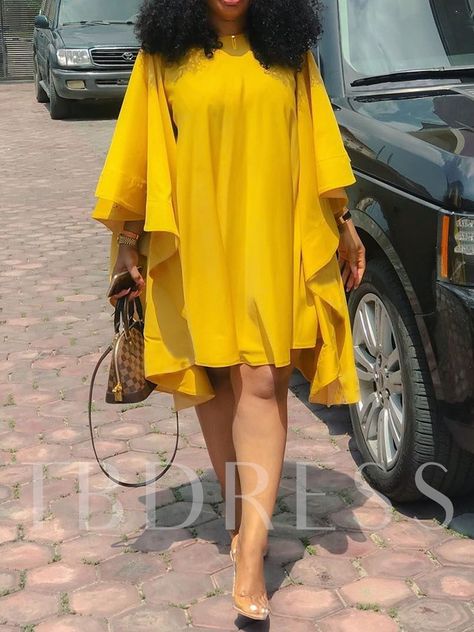 Summer Party Dress With Batwing Sleeves, Chic Flowy Dress With Batwing Sleeves, Casual Party Dress With Butterfly Sleeves, Yellow Knee Length Dress, Flowy Dress Casual, Yellow Long Sleeve Dress, Street Mode, Plus Size Elegant Dresses, Ladies Day Dresses