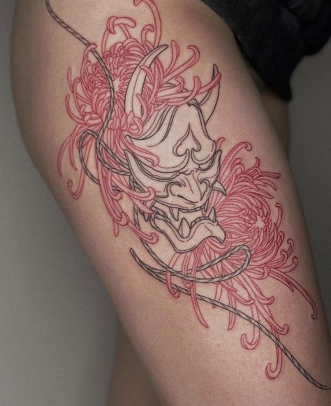 Japanese Tattoo Women Sleeve, Asian Flowers Tattoo, Red Tattoo Thigh, Fine Line Japanese Tattoo, Red Japanese Tattoo, Japanese Sleeve Tattoos Women, Black And Red Tattoo Design, Oni Tattoos, Japanese Tattoos Women