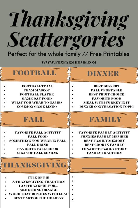 Thanksgiving Scattergories Game With Free Printables Scattergories Christmas Free Printable, Fall Scattergories Lists, Thanksgiving Scattergories Printable, Gratitude Thanksgiving Game, Free Thanjsgiving Games For Afults, Free Family Printables, Teaching Emotions, Emotions Cards, Thanksgiving Words