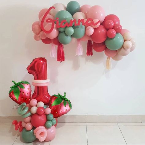 Strawberry First Birthday Balloons, Strawberry Theme Balloons, Strawberry Themed Balloon Garland, Strawberry Balloon Bouquet, Strawberry Birthday Balloons, Berry First Birthday Balloon Arch, Berry First Birthday Balloons, Berry First Birthday Balloon Garland, Strawberry Balloon Garland