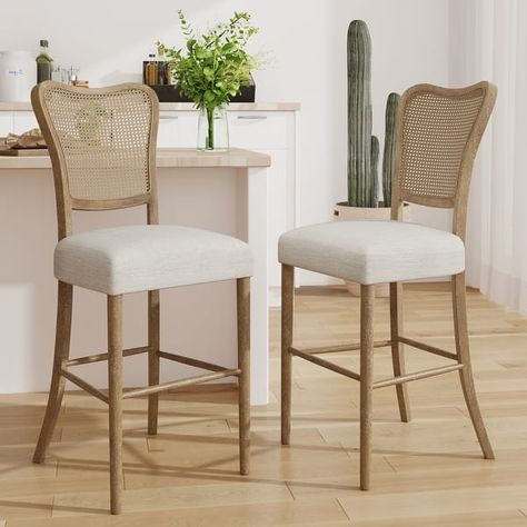 Naci Rubberwood Farmhouse Barstool with Cane Backrest (set of 2) by Christopher Knight Home - N/A - Bed Bath & Beyond - 41107586 French Country Bar Stools, Barstool Chairs, Island Chairs, White Counters, French Country Kitchen, Playroom Furniture, Counter Height Bar Stools, Christopher Knight, Outdoor Chaise Lounge