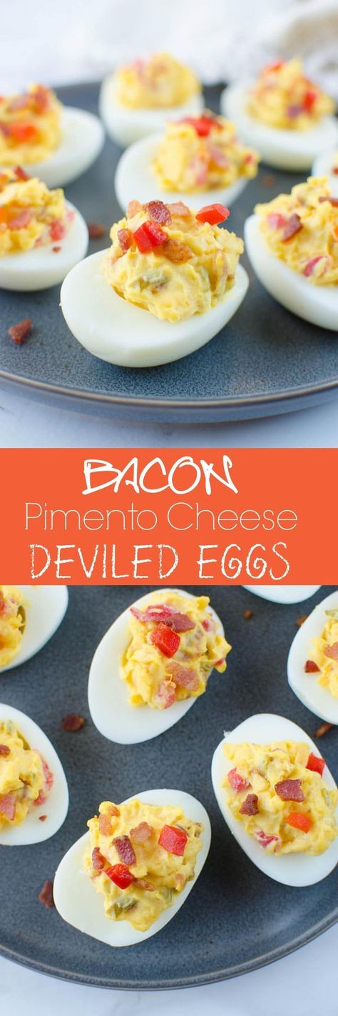 Bacon Pimento Cheese Deviled Eggs - a twist on the classic! Deviled egg filling is mixed with crispy bacon, cheddar cheese, and pimentos. So delicious and the perfect way to use all those Easter eggs! Cream Cheese Deviled Eggs, Potato Skin Bites, Deviled Chicken, South Paw, Queso Dip Recipes, Pimiento Cheese, Crowd Pleasing Appetizers, Food Summer, Best Appetizer Recipes