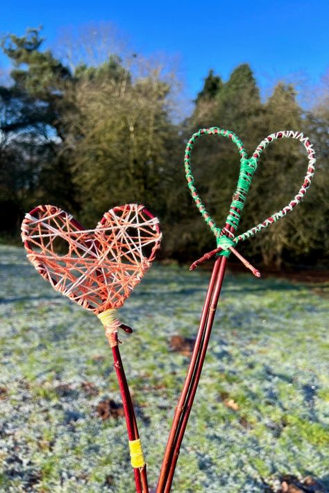 Make a heart-shaped stick wand - Mud & Bloom Nature Wands For Kids, Stick Wands, Wild Tribe, Forest Schools, Nature Crafts Kids, Preschool Valentine, Forest School Activities, Wooden Wand, Forest Camp