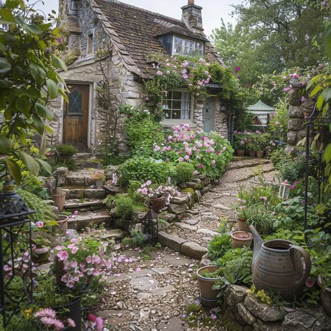 Download 'Charming Cottage Garden' - A quaint stone cottage surrounded by a vibrant garden full of blooming flowers and lush greenery. - Get this free stock photo and more high-quality images on StockCake. No attribution required. Stone House Cottage, Small Cottages In The Woods, Floral Cottage Exterior, Stone Cottage With Porch, Cozy Landscaping, Cottage Core Backyard, Cottage With Flowers, Small English Cottage, Small Stone Cottage