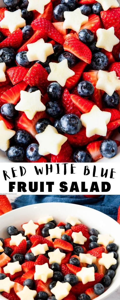 This RED WHITE AND BLUE FRUIT SALAD is a fun and colorful side dish for 4th of July, Memorial Day or for any potluck barbecue. Strawberries, blueberries and star shaped apples. Red White Blue Side Dish, Healthy July 4th Side Dishes, 4th Of July Foods Easy, Red White Blue Strawberries, Memorial Day Fruit Salad, Memorial Day Fruit Platter, Red White And Blue Fruit Tray, Memorial Day Breakfast Ideas, Red White And Blue Fruit Salad