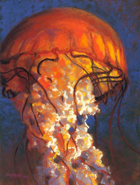 Painting Of A Jellyfish, Jellyfish Oil Painting, Jellyfish Oil Pastel, Oil Pastel Jellyfish, Jellyfish Pastel, Sea Creature Painting, Jellyfish Paintings, Aquarium Painting, Jellyfish Artwork